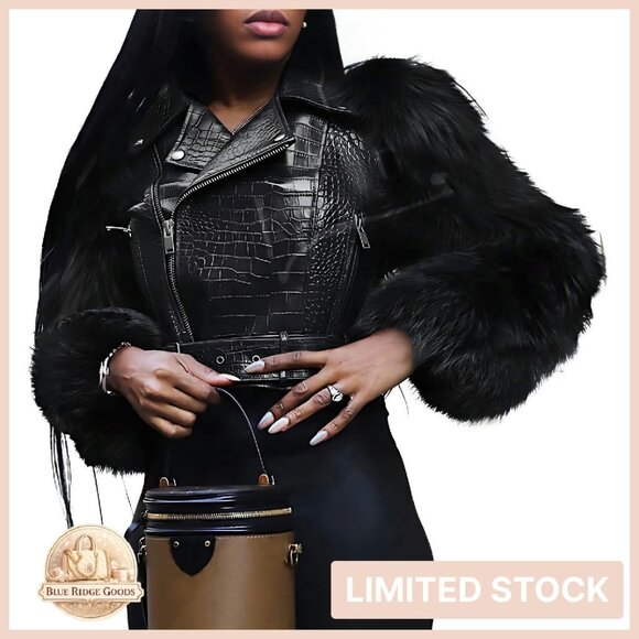 Jackets & Blazers - Cropped Moto Jacket Faux Fur Sleeves PU Leather Biker Chic Streetwear Y2K